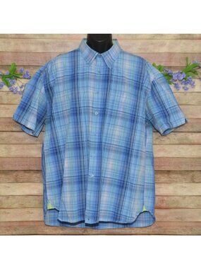 Tommy Hilfiger Mens Blue GreenPlaid Button-Down Short Sleeve Shirt XXL Cotton
